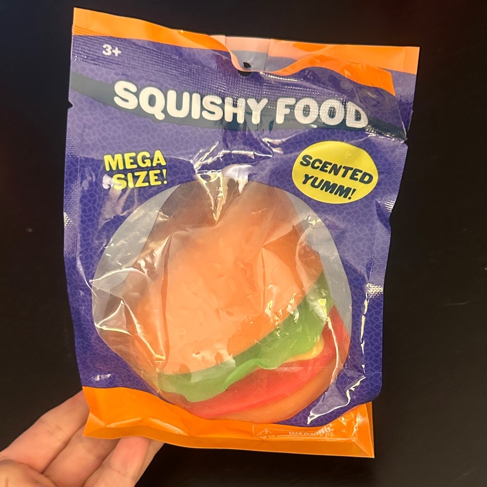 Mega Size Squishy Food Scented Burger squish fidget toy- Orange, Green, Red